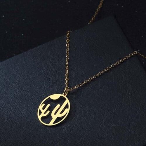 Stainless Steel Desert Sunset Cactus Necklace For Women Ladies Bijoux Collar Handmade Simple Jewelry Female Necklaces Gift