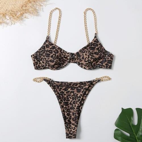 Sexy Bikini Leopard Print Womens Swimsuit Strap Bra Swimwear Push Up Pad Bra Split Bikini Set Brazilian Bathing Suit Beach wear