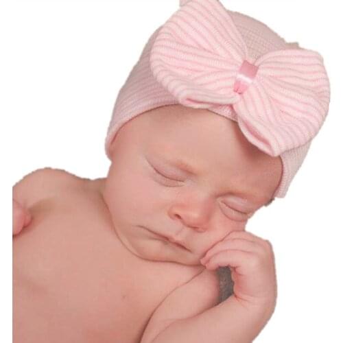 Newborn Baby Hat Boys Girls Big Bow Hedging European American Kawaii Simple Soft Little Striped Knitted Cap 0-3 Months 5 Colors
