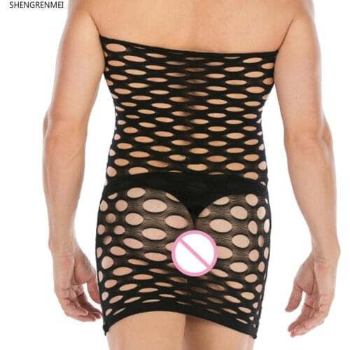 SHENGRENMEI New Sleepwear Gentleman Exotic Apparel Hollow Out Nightwear Black Nightdress Male Underwear Gay Sissy Sexy Lingerie