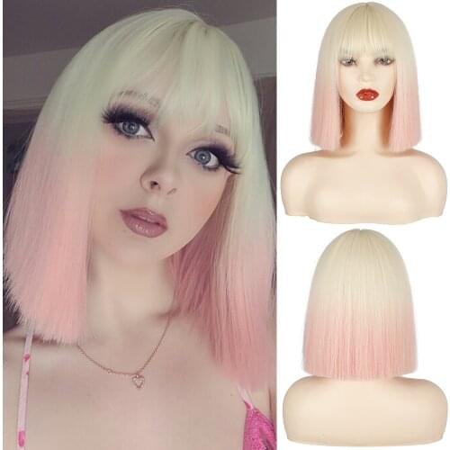 AZQUEEN Straight Short Bob Wig with Bangs Synthetic Hair Wigs with Bangs for Women & Girl Full Machine Lolita Wigs