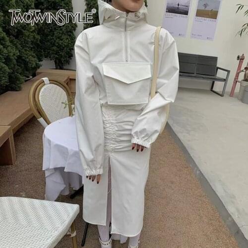 TWOTWINSTYLE White Casual Two Piece Set For Women Hooded Collar Sweatshirt High Waist Drawstring Skirts Female Set 2021 Tide