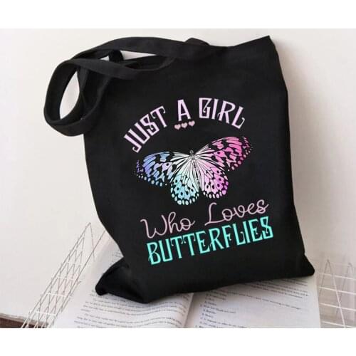 Butterflies Street Fashion Print Black Shopping Bag With Zipper Cotton Anime Handbag For Women 2022 Korean Canvas Shoulder Bags
