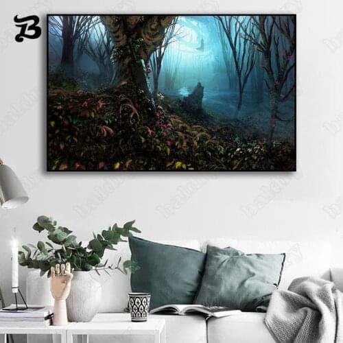 Canvas Painting Landscape Animation Scene Primitive Forest Secret Place Posters Prints for Living Room Home Wall Decoration
