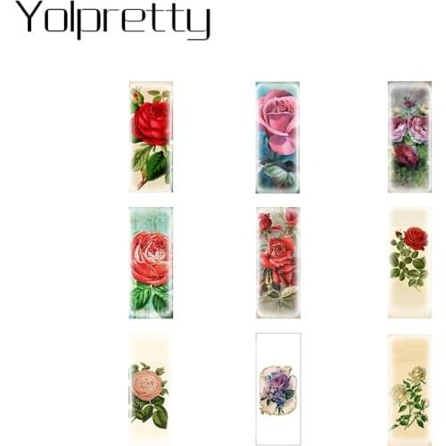 10pcs 10*25mm Rectangle Glass Cabochon vintage rose floral Semi Finished Jewelry Findings Making Componet