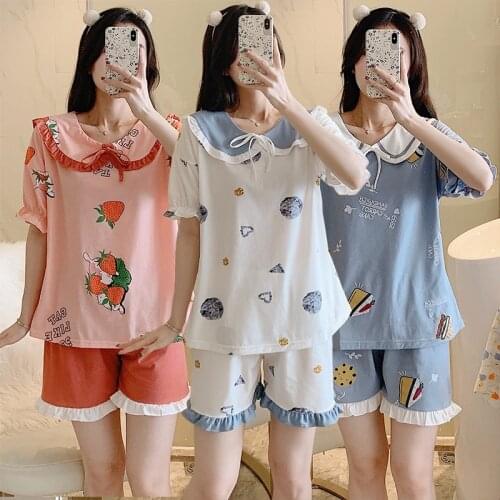 2021 Summer Short Sleeve Cotton Print Pajama Sets for Women Bow Shorts Sleepwear Suit Pyjamas Homewear Pijama Mujer Home Clothes