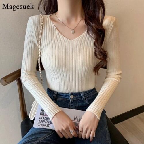 2021 V-neck Knitted Sweater Pullover Women Autumn And Winter Slim Woman Sweaters Korean Office Lady Long Sleeve Pullovers 16158