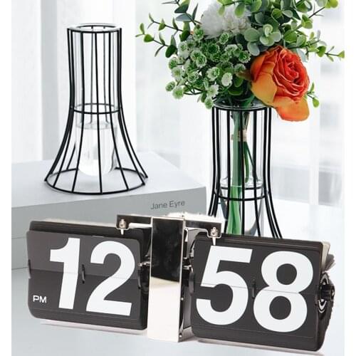 Auto Flip Table Clock Desk Watch Creative Vintage Stainless Steel Simple Mute Quartz Clocks Wall Decoration Bedroom Home Decor