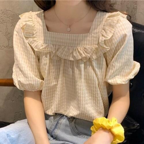 Blouses Women Short Sleeve Loose Plaid Harajuku Summer Shirts Retro Simple Holiday Students Tunic Top Female Cute Sweet Girls