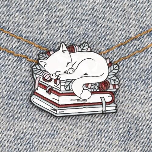 Cat Reading Book Enamel Pin Cartoon Sleeping Kitten Brooches Cute Book Lover Animals Badge Bag Clothes Lapel Pins Jewelry Gifts