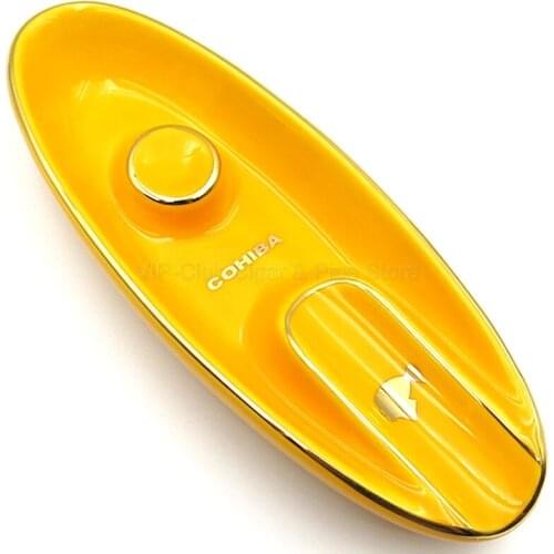 COHIBA Classic 1 Slot Yellow Porcelain Cigar Cigarette Ashtray Holder For Home Outdoor Smoking Tool With Gift Box
