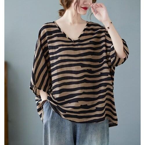 Oversized Women Cotton Linen Casual T-shirts New 2021 Summer Simple Style Vintage V-neck Striped Loose Female Tops Tees B485