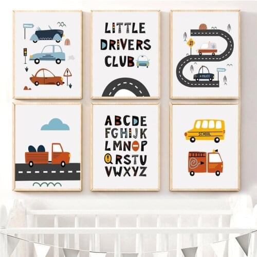 Nordic Wall Art Canvas Painting Letter Education Car Road Prints and Posters Black White Picture Nursery Baby Kids Room Decor