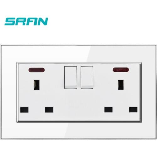 SRAN UK wall socket with switch,13A 250V Gold crystal acrylic panel mirror plated silver edge146mm*86mm power socket