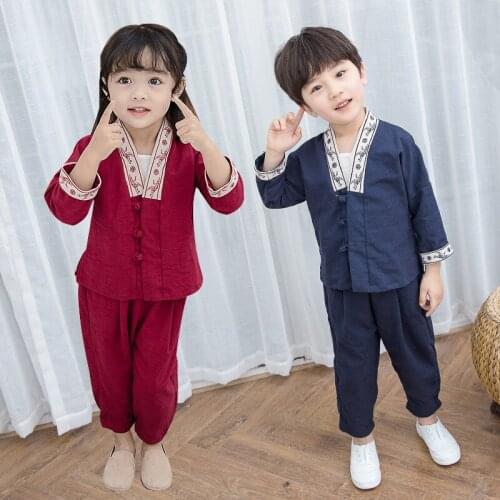 New Hanfu Girls Baby Chinese Dance Costumes Cotton And Linen Tang Suit 2pcs For Boys National Costumes Festival Outfit SL1178