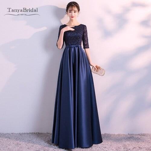 New 2020 Long Formal Evening Dresses Elegant Lace Satin Navy Blue Vestidos Women Party Gown