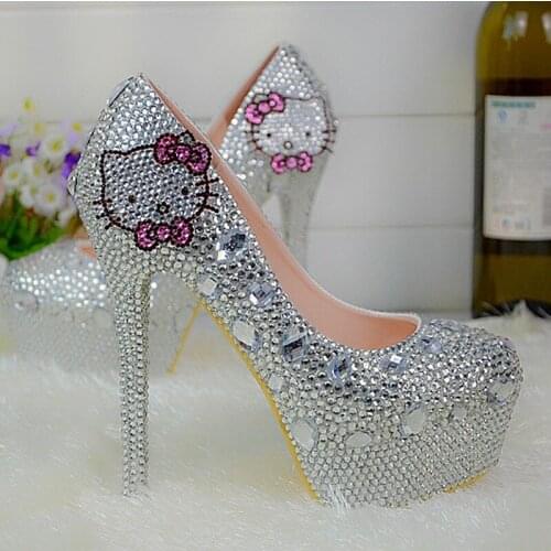 Sexy Women Silver Rhinestone Wedding Shoes 2020 New Fashion Round Toe Gorgeous Prom Event Pumps Plus Size 44 Bridesmaid Shoes