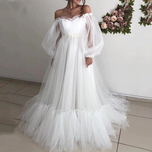Off the Shoulder Long Puff Sleeves Wedding Dresses A Line Bridal Gowns Sweetheart Pleated Bodice Bride Dresses Vestido De Novia