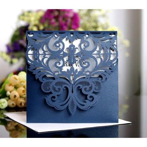Luxury Navy Blue Shimmy Laser Cut Pocket Wedding Card Invitation Cover, No Insert, No Envelope