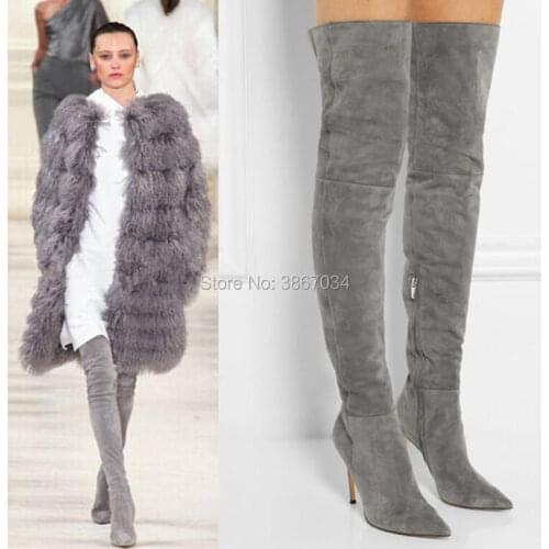 SHOOEGLE Grey Suede Thigh High Boots Pointed Toe High Heels Zip Overknee Long Boots Fashion runway Tall Boots Women Fall Winter