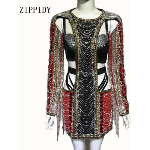Sparkly Crystals Black Red Rhinestones Dress Sexy Stage Wear Chains Design Costume Female Singer Performance Outfit