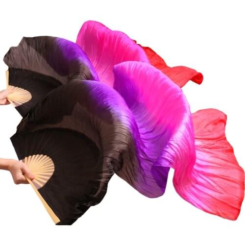 High Quality 100% Silk Dance Fans 1 Pair Handmade Dyed Silk Belly Dance Props Fans Gradient Color Black+Purple+Rose+Red 180x90cm