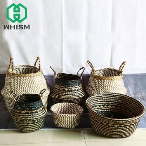 WHISM Natural Seagrass Storage Basket Handmade Flower Plant Pots Clothes Laundry Basket Toys Container Home Decoration