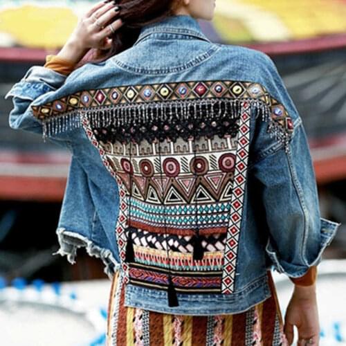 Wenfly Female Clothes Denim Jacket Vintage Ethnic Embroidery Tassel Loose Long Sleeve Women Irregular Outerwear Streetwear