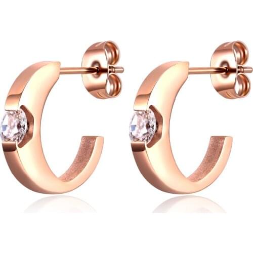 Trendy Simple C Design inlay CZ Stainless Steel Stud Earrings For Women Rose Gold Color Ear Jewelry Accessories Gift