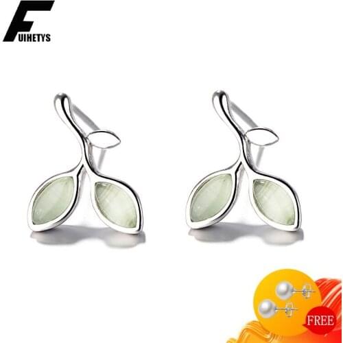 BaliJelry Trendy 925 Silver Women Stud Earrings Jewelry Accessory Leaf Shape Cat Eye Stone Earring for Wedding Engagement Party