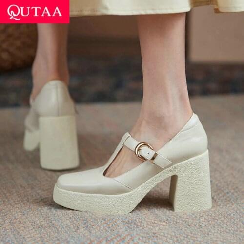 QUTAA 2021 Genuine Leather Square High Heel Spring Autumn Female Shoes Platform T Strap Buckle Square Toe Women Pumps Size 34-40
