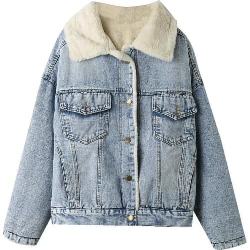 Womens Winter denim Jackets casual Plush Liner Warm Outerwear Korean style Loose Thicken Plush cowboy Chic Black coats 2021 New