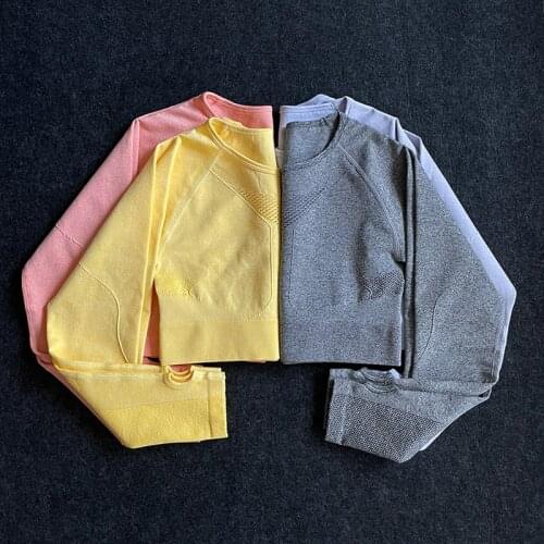 Women Seamless Long Sleeve Crop Top Yoga Shirts With Thumb Hole Running Fitness Workout Gym Sports Top Hollow Out Sportswear