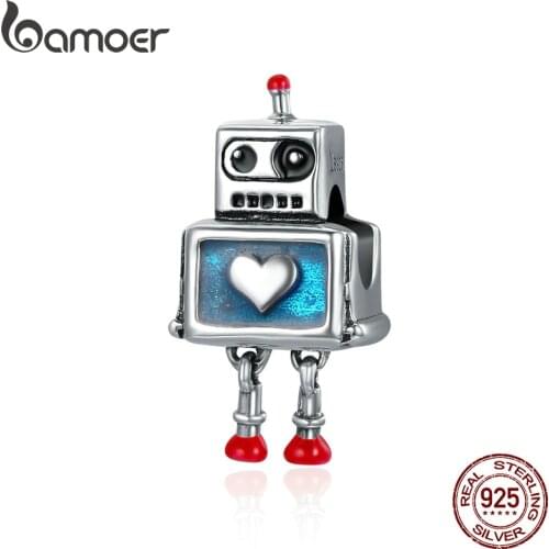 BAMOER Fashion New 100% 925 Sterling Silver Cute Robot Heart Charms fit Charm Bracelets for Women Sterling Silver jewelry SCC346