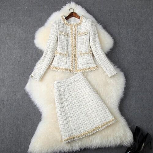 2021 High-Quality Latest Designer Runway Suit Set Womens Beaded Fringed Tweed Jacket Skirt Set