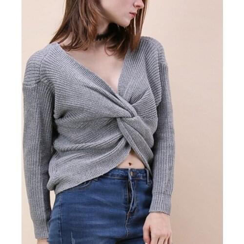 U-SWEAR 2020 New V Neck Twisted Back Sweater Women Jumpers Pullovers Casual Tops Long Sleeve Knitted Sweaters Pull Femme