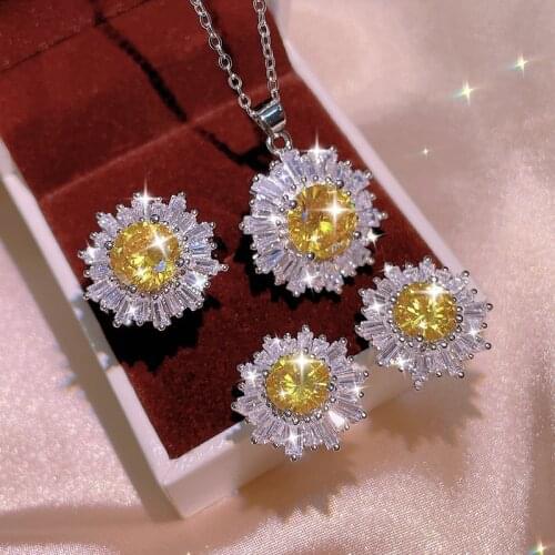 925 Silver Women Jewelry Set Full Diamond Zircon Jewelry Yellow AAAA Shiny Zircon Necklace Ring Earrings Womens Bridal Jewelry