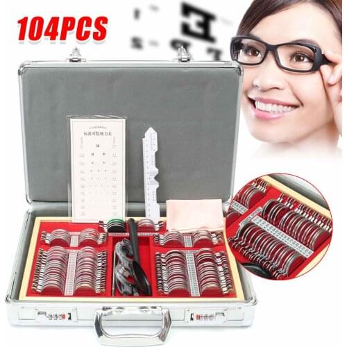 104Pcs Optical Lens Optometry Rim Kit Set Optometry Test Trial Lens Frame Metal Optometry Testing Glasses with Aluminium Case