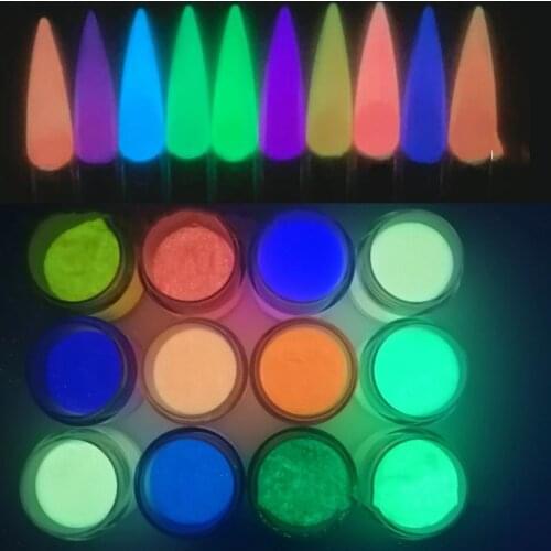 12 Jars (12Colors Nail Powder ) Colored GLOW IN THE DARK Acrylic & dipping powder for nails Glow-In-The-Dark Acrylic Powder
