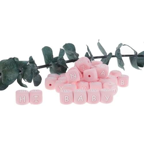 200pcs 12mm Light Pink Alphabet Silicone Letter English Baby Teether Beads BPA Free Newborn Teething Pacifier Chain Accessories