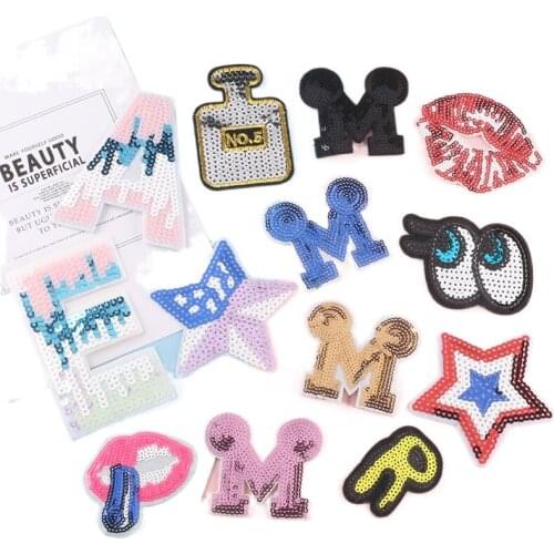 50pcs/lot Sequins Embroidery Patch Star Lip Stick Bottle Eye Letter M R E Girl Clothing Decoration Iron Heat Transfer Applique