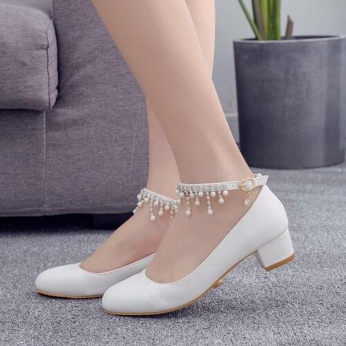 Beaded Tassel White Wedding Shoes Square Heel Round Head Single Shoes Comfort Womens Shoes Fashion Pumps Party Dress High Heels