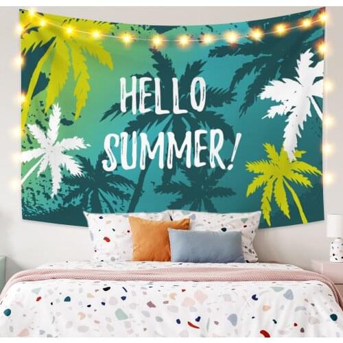 Hello Summer Tapestry Palm Trees in Tropical Sunset Fashion Wall Hanging Bedroom Dorm Boho Party Decor Picnic Beach Mat