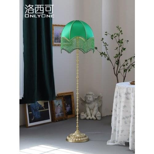 Emerald green fabric lampshade retro floor lamp French style living room bedroom study tassel floor lamp