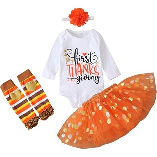 Halloween Baby Girls Sets 4pcs Toddler romper Skirt Socks And Headband Thanks Giving Kids Clothes