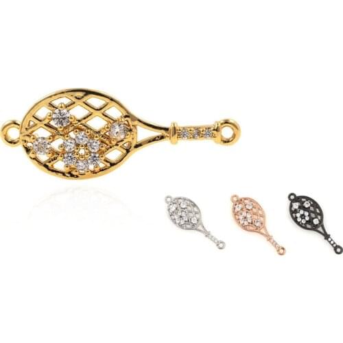 CZ Brass Tennis Racket Imitation Diamond Pendant Sports Charm Racket Necklace Tennis Gold Bracelet DIY Crafts 9x23.8x2.5mm