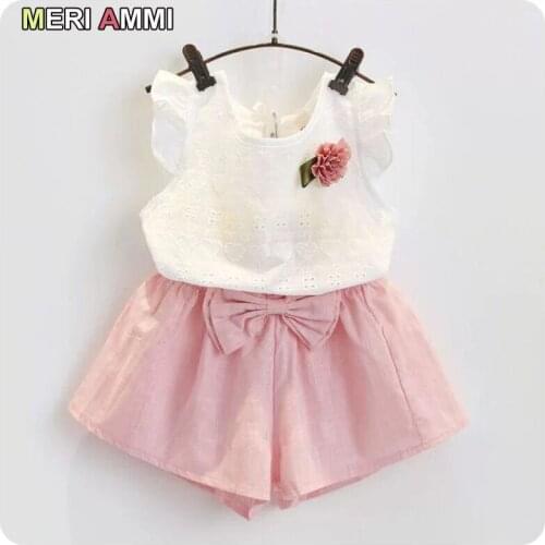 MERI AMMI Baby Girl Clothing Outfit Set Flower Tee Floral Top +Short With Bowknot For 2-7 Year Children