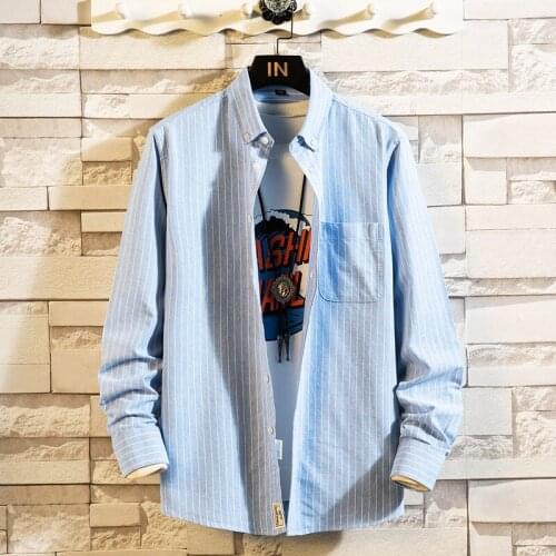 Mens Stripe Checked Casual Pocket Long Sleeved Shirts Regular-fit Male Social Dress Shirts