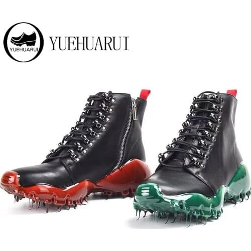 Air-cushioned soft-soled thick-soled mens boots with metal buckles, mens shoes, mens cheesecake, drop rubber, red and green