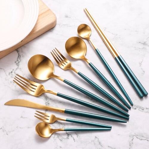 Gold Cutlery Set 18/10 Stainless Steel Dinnerware Set Round Handle Spoon Fork Knife Kitchen Set Matte Silverware Tableware Set
